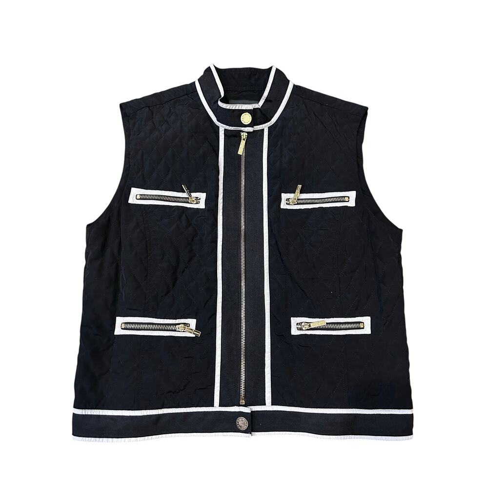 Roberto Verino Quilted Vest Black Gold Zip Trim Sleeveless Jacket L